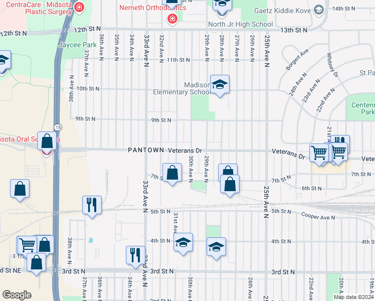 map of restaurants, bars, coffee shops, grocery stores, and more near 3007 8th Street North in Saint Cloud