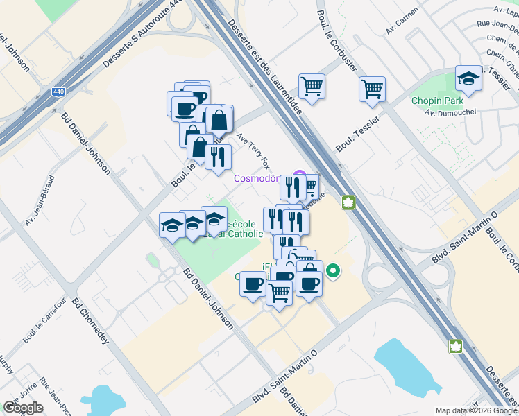 map of restaurants, bars, coffee shops, grocery stores, and more near 2835 Avenue du Cosmodôme in Laval