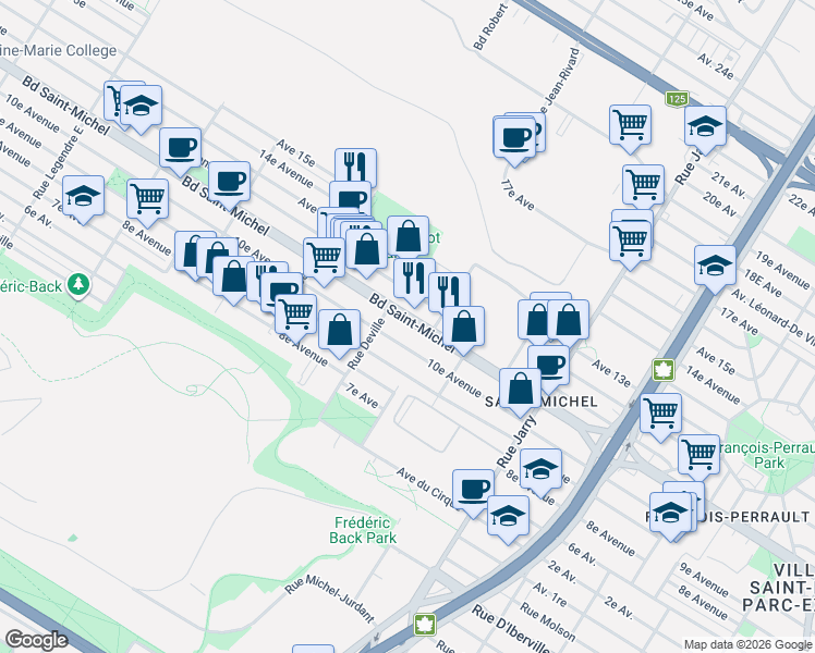 map of restaurants, bars, coffee shops, grocery stores, and more near 8410 Boulevard Saint-Michel in Montréal
