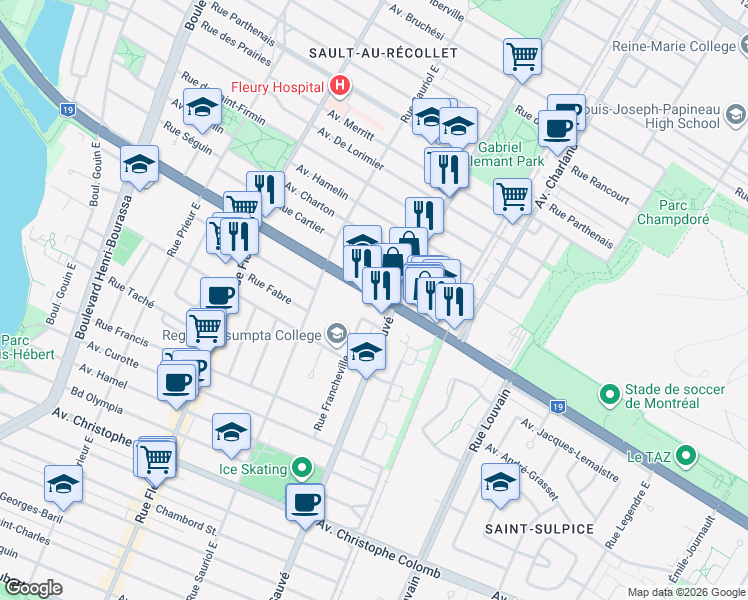 map of restaurants, bars, coffee shops, grocery stores, and more near 9860 Avenue Papineau in Montréal