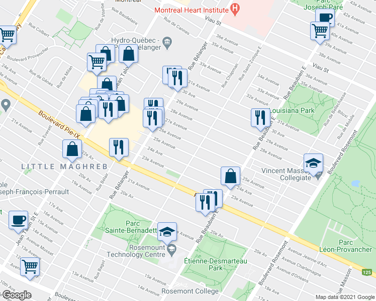 map of restaurants, bars, coffee shops, grocery stores, and more near 6723 25e Avenue in Montréal
