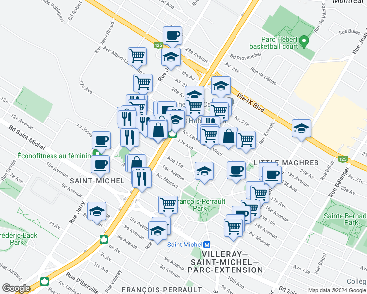 map of restaurants, bars, coffee shops, grocery stores, and more near 7740 17e Avenue in Montréal