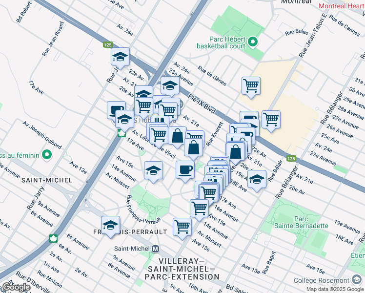 map of restaurants, bars, coffee shops, grocery stores, and more near in Montréal