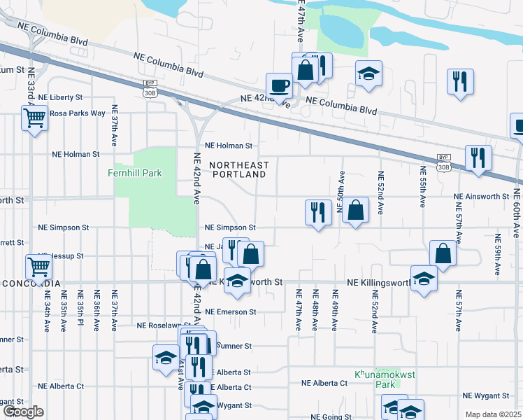 map of restaurants, bars, coffee shops, grocery stores, and more near 5946 Northeast 45th Avenue in Portland