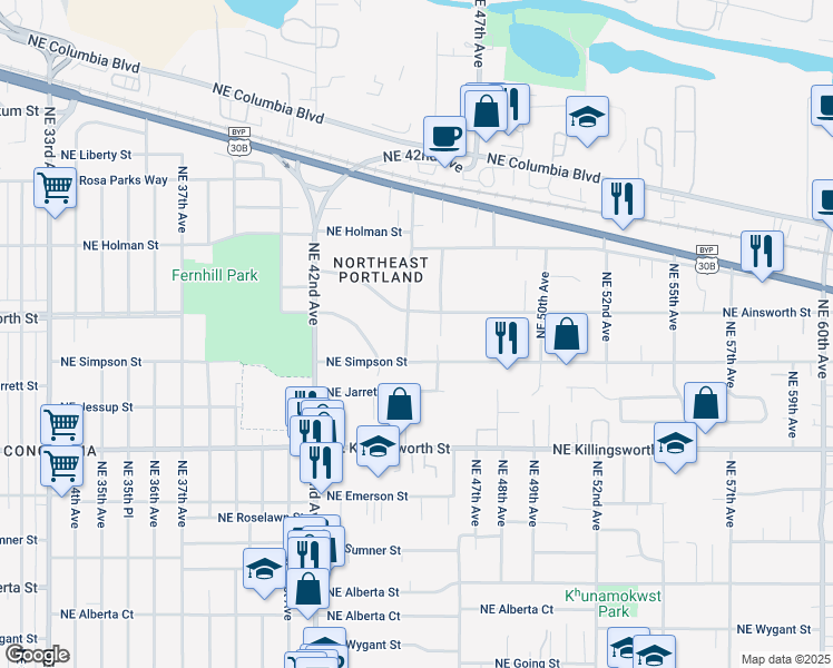 map of restaurants, bars, coffee shops, grocery stores, and more near 5946 Northeast 45th Avenue in Portland