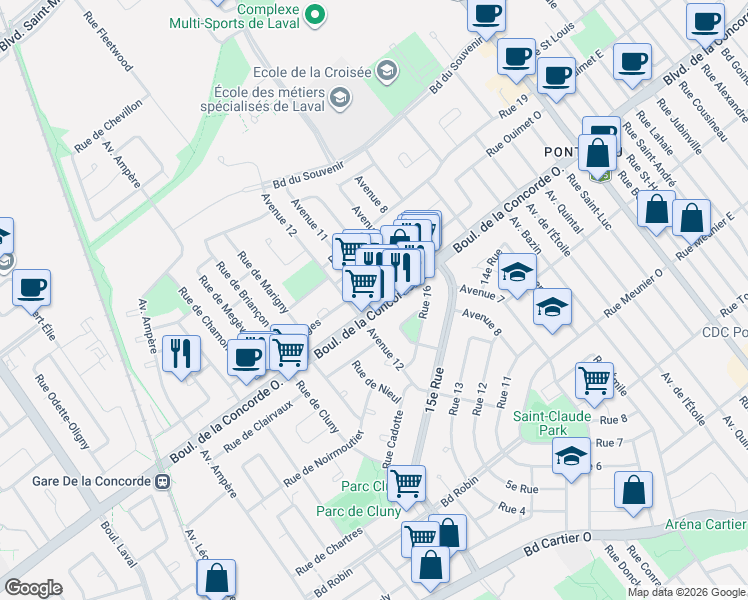 map of restaurants, bars, coffee shops, grocery stores, and more near 255 Boulevard de la Concorde Ouest in Laval