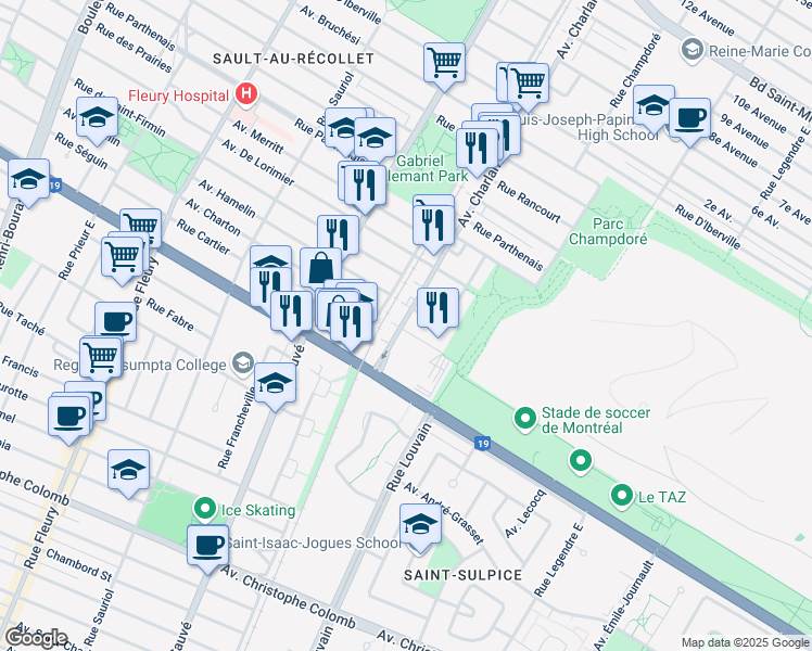map of restaurants, bars, coffee shops, grocery stores, and more near 9497 Avenue Charton in Montréal