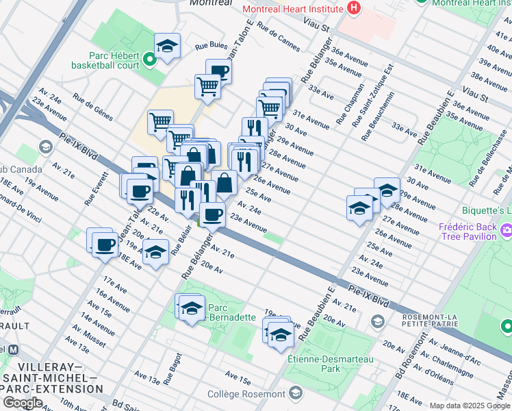 map of restaurants, bars, coffee shops, grocery stores, and more near 6869 24e Avenue in Montréal