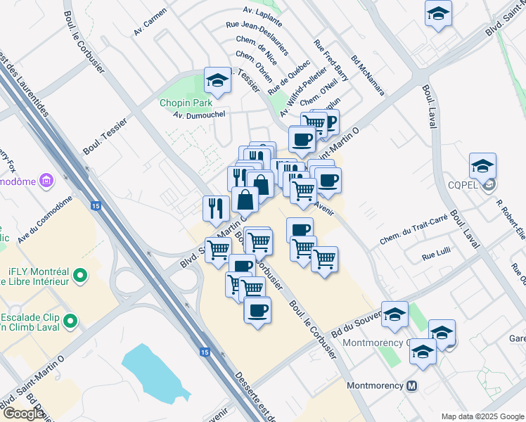 map of restaurants, bars, coffee shops, grocery stores, and more near 1920 Boulevard Saint-Martin Ouest in Laval