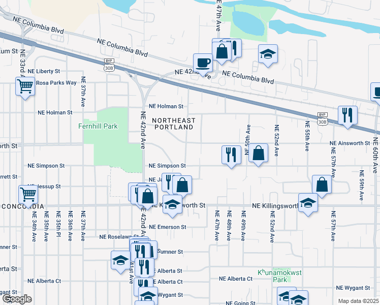 map of restaurants, bars, coffee shops, grocery stores, and more near 4551 Northeast Simpson Street in Portland
