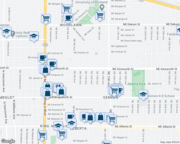 map of restaurants, bars, coffee shops, grocery stores, and more near 5901 Northeast 12th Avenue in Portland