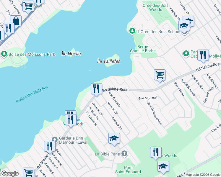 map of restaurants, bars, coffee shops, grocery stores, and more near 4443 Boulevard Sainte-Rose in Laval