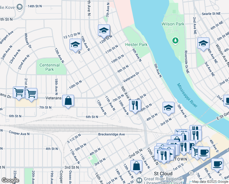 map of restaurants, bars, coffee shops, grocery stores, and more near 718 10th Avenue North in Saint Cloud