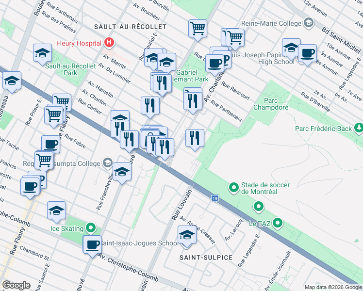 map of restaurants, bars, coffee shops, grocery stores, and more near 9497 Avenue Charton in Montréal