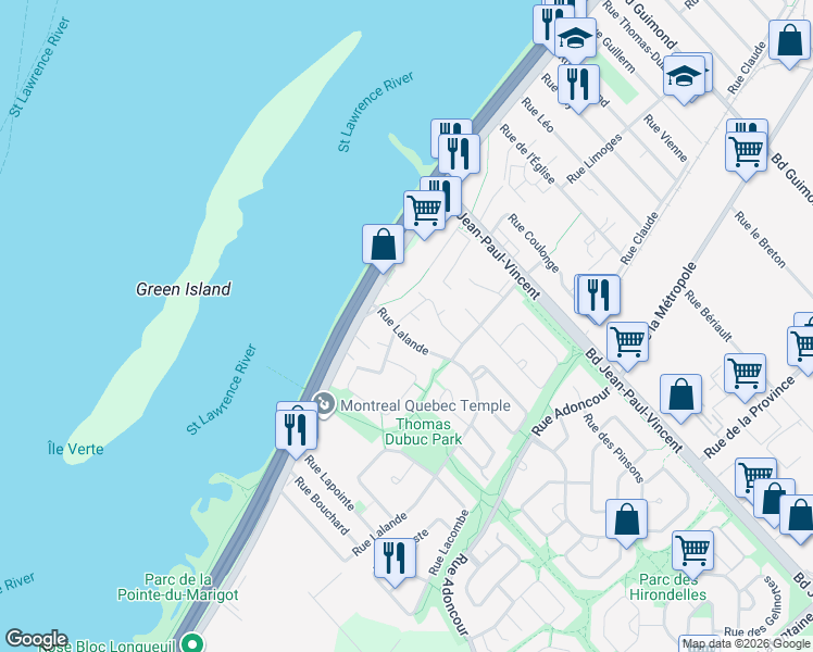 map of restaurants, bars, coffee shops, grocery stores, and more near 115 Rue Lalande in Longueuil