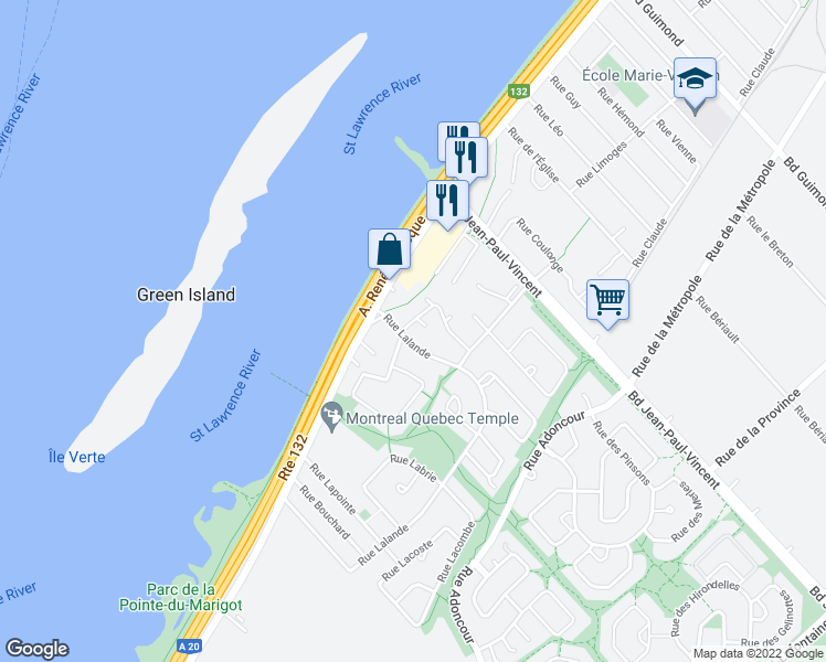 map of restaurants, bars, coffee shops, grocery stores, and more near 115 Rue Lalande in Longueuil