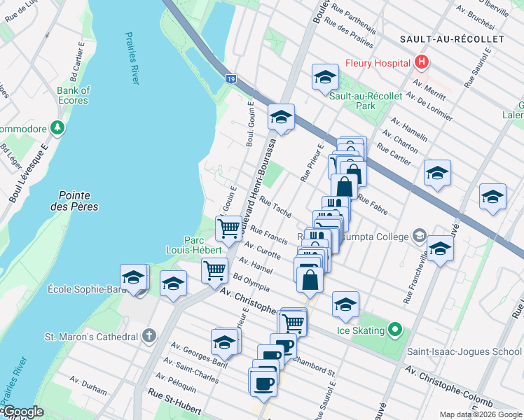 map of restaurants, bars, coffee shops, grocery stores, and more near 1635 Avenue Camille Paquet in Montréal