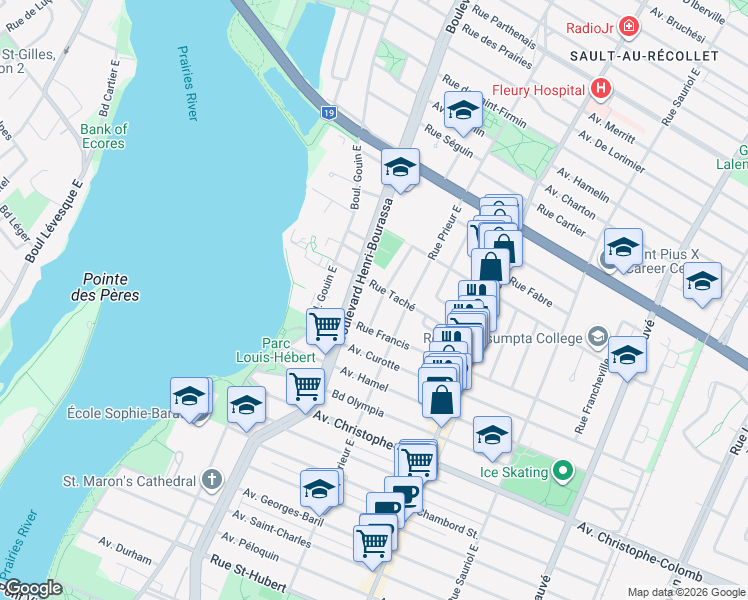 map of restaurants, bars, coffee shops, grocery stores, and more near 1635 Avenue Camille Paquet in Montréal