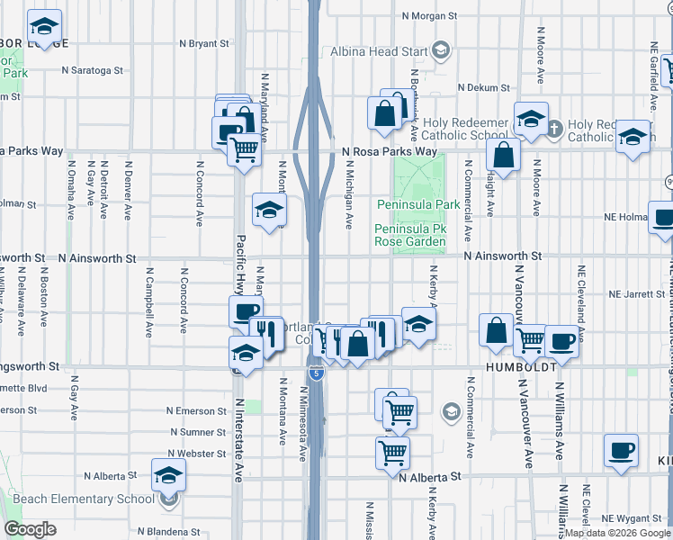 map of restaurants, bars, coffee shops, grocery stores, and more near 1022 North Ainsworth Street in Portland
