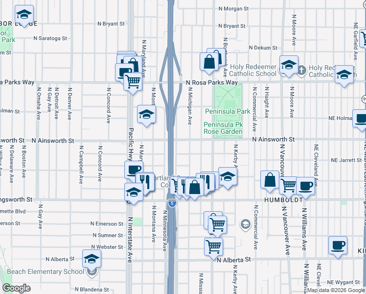map of restaurants, bars, coffee shops, grocery stores, and more near 1022 North Ainsworth Street in Portland