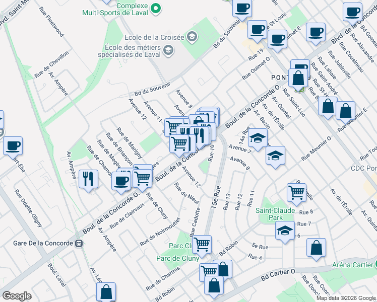 map of restaurants, bars, coffee shops, grocery stores, and more near 255 Boulevard de la Concorde Ouest in Laval