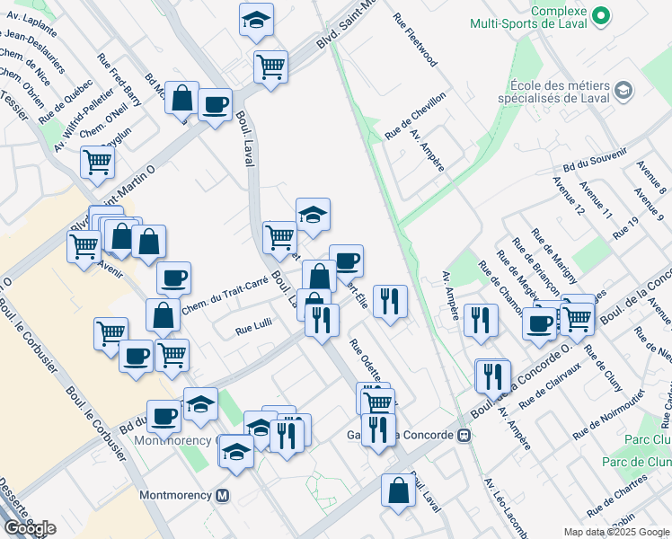 map of restaurants, bars, coffee shops, grocery stores, and more near 660 Rue Robert Élie in Laval