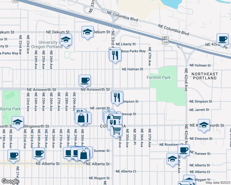 map of restaurants, bars, coffee shops, grocery stores, and more near 5915 Northeast 33rd Avenue in Portland
