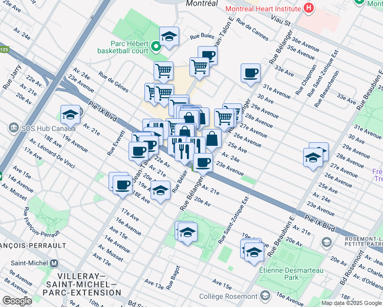 map of restaurants, bars, coffee shops, grocery stores, and more near in Montreal