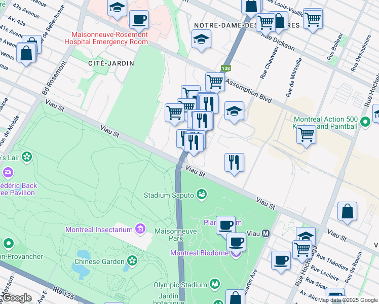 map of restaurants, bars, coffee shops, grocery stores, and more near 5060 Rue Sherbrooke Est in Montréal
