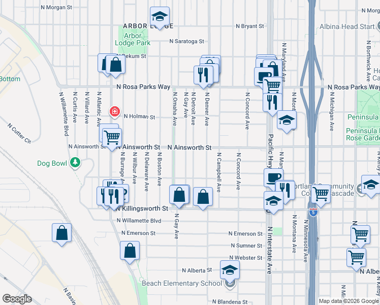 map of restaurants, bars, coffee shops, grocery stores, and more near 5923 North Detroit Avenue in Portland