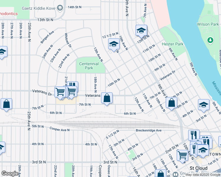 map of restaurants, bars, coffee shops, grocery stores, and more near 1611 Veterans Drive in St. Cloud
