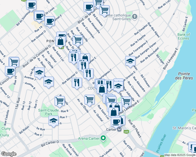 map of restaurants, bars, coffee shops, grocery stores, and more near 263 Rue Saint-Hubert in Laval