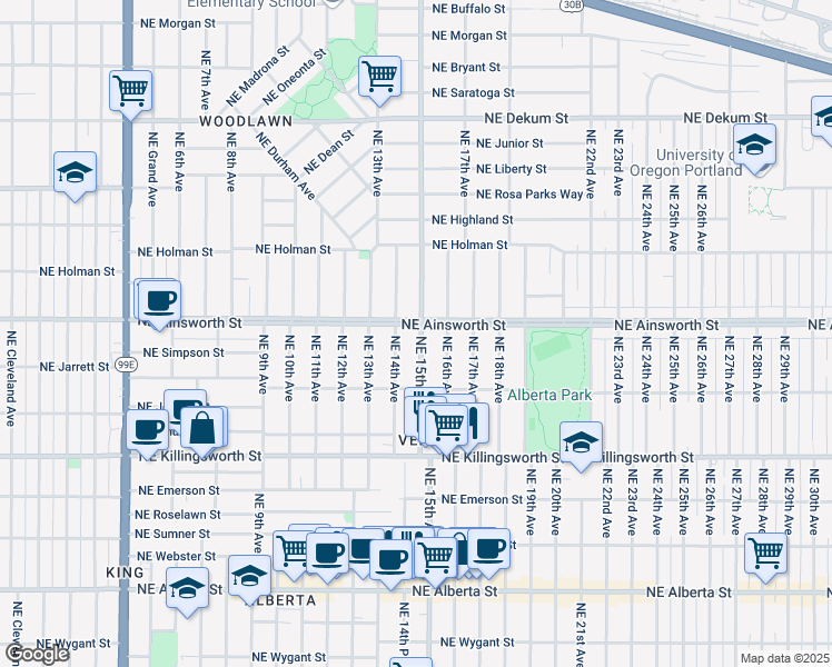 map of restaurants, bars, coffee shops, grocery stores, and more near 5905 Northeast 15th Avenue in Portland