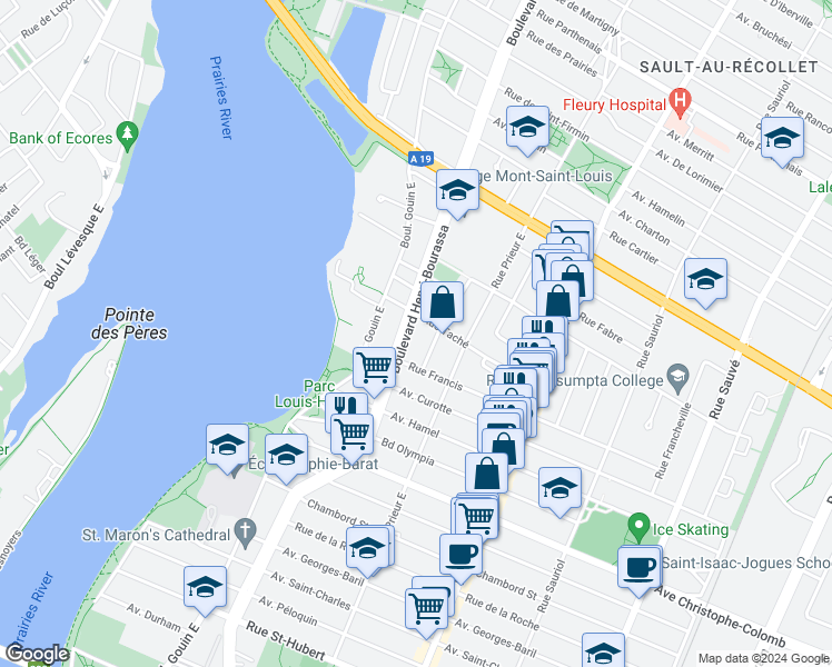 map of restaurants, bars, coffee shops, grocery stores, and more near 1628 Boulevard Henri-Bourassa Est in Montréal