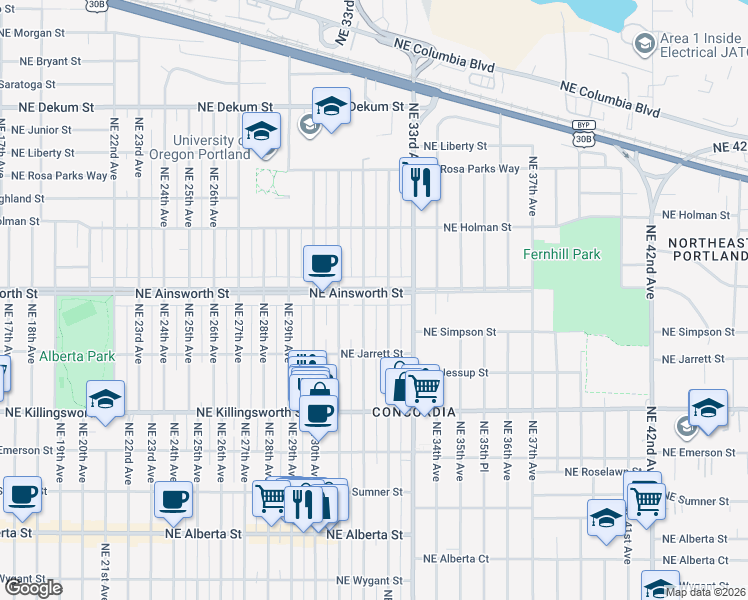 map of restaurants, bars, coffee shops, grocery stores, and more near 5908 Northeast 32nd Avenue in Portland