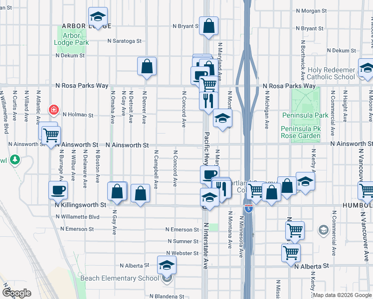 map of restaurants, bars, coffee shops, grocery stores, and more near 1553 North Simpson Street in Portland