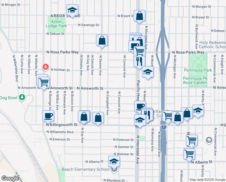 map of restaurants, bars, coffee shops, grocery stores, and more near 5835 North Concord Avenue in Portland