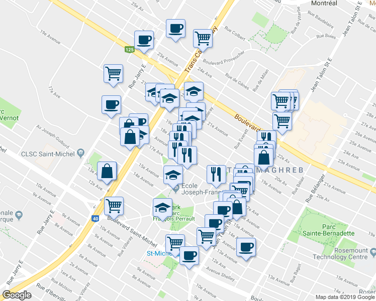 map of restaurants, bars, coffee shops, grocery stores, and more near 7660 18E Avenue in Montreal