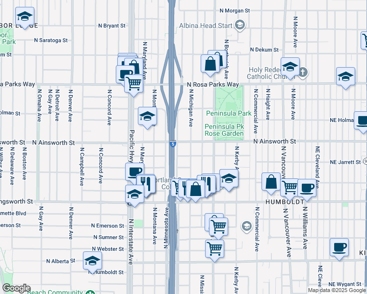 map of restaurants, bars, coffee shops, grocery stores, and more near 1022 North Simpson Street in Portland