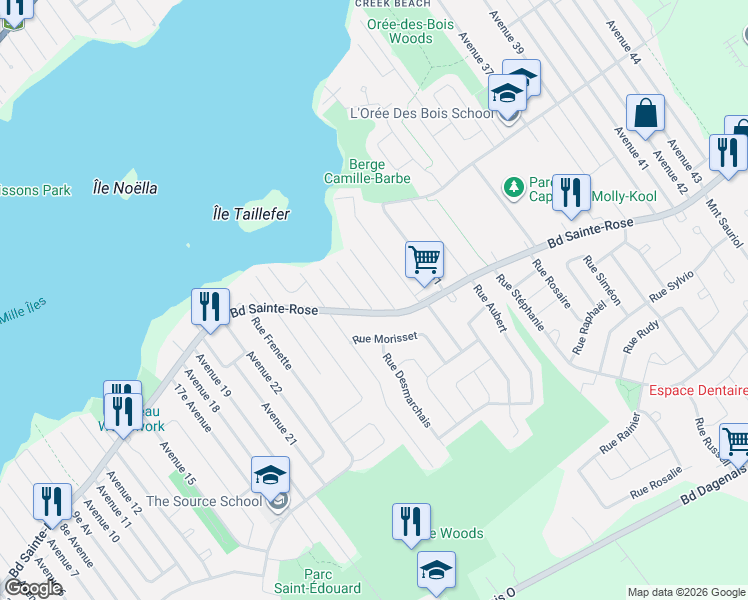 map of restaurants, bars, coffee shops, grocery stores, and more near 1033 28e Av in Laval