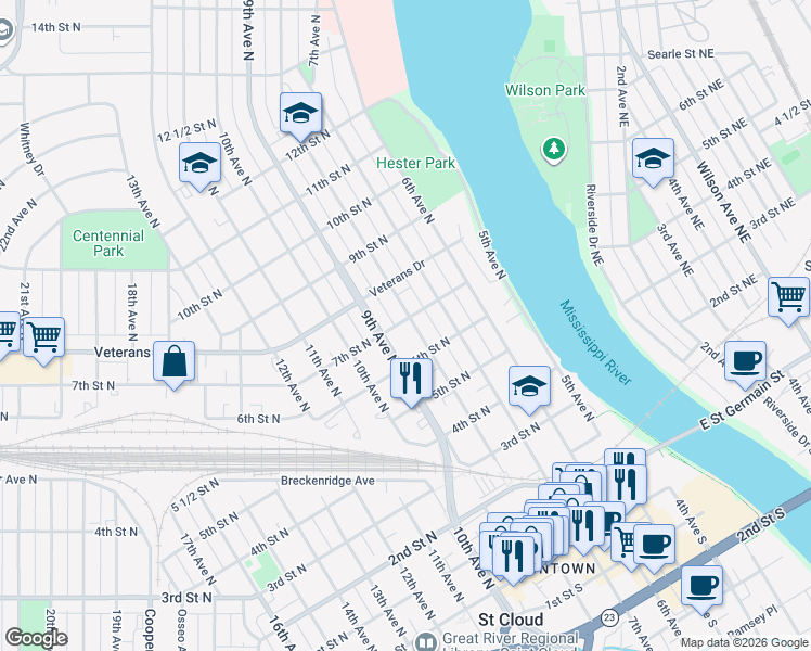 map of restaurants, bars, coffee shops, grocery stores, and more near 605 8th Avenue North in St. Cloud