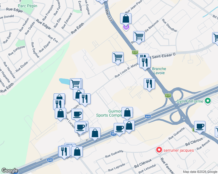 map of restaurants, bars, coffee shops, grocery stores, and more near 4406 Rue Louis-B.-Mayer in Laval