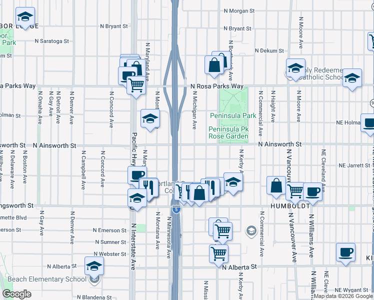 map of restaurants, bars, coffee shops, grocery stores, and more near 1026 North Ainsworth Street in Portland