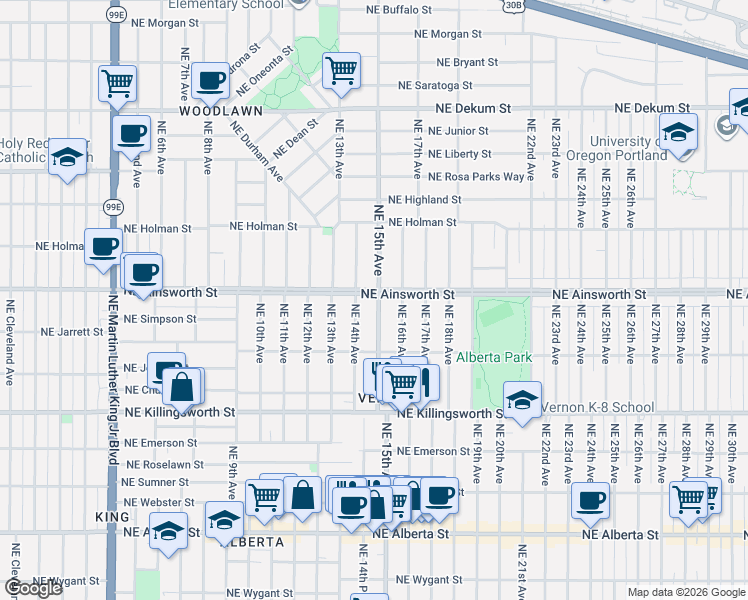 map of restaurants, bars, coffee shops, grocery stores, and more near 1436 Northeast Ainsworth Street in Portland