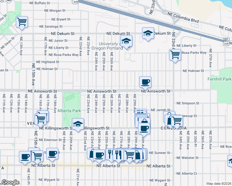 map of restaurants, bars, coffee shops, grocery stores, and more near 5915 Northeast 27th Avenue in Portland