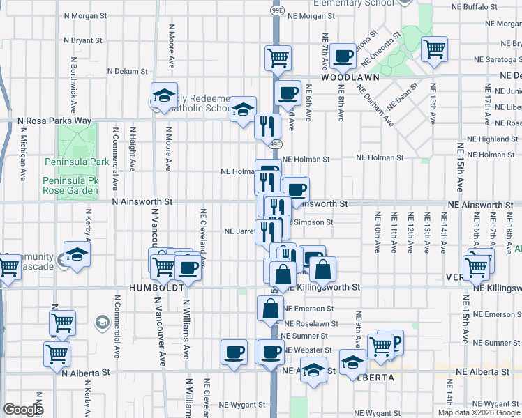map of restaurants, bars, coffee shops, grocery stores, and more near 5824 Northeast Garfield Avenue in Portland
