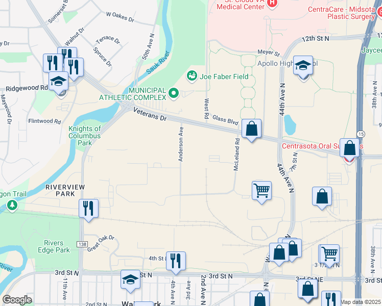 map of restaurants, bars, coffee shops, grocery stores, and more near 730 Anderson Avenue in St. Cloud