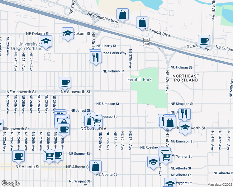 map of restaurants, bars, coffee shops, grocery stores, and more near 3554 Northeast Ainsworth Street in Portland