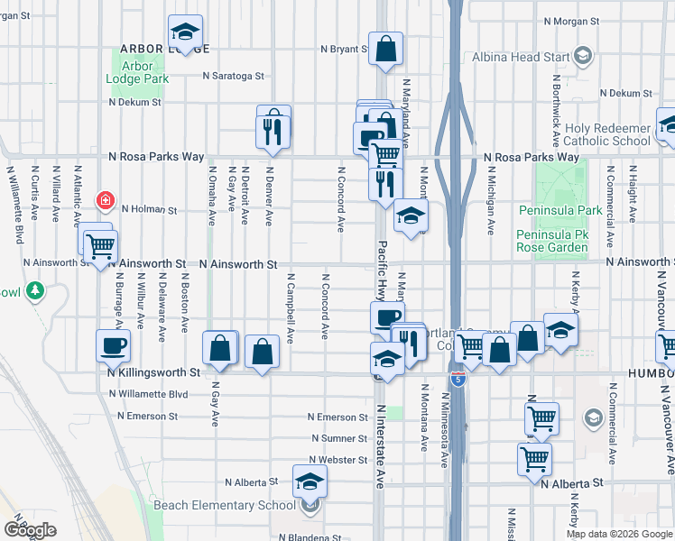 map of restaurants, bars, coffee shops, grocery stores, and more near 1644 North Ainsworth Street in Portland