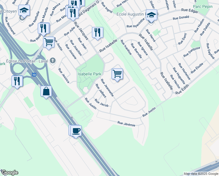map of restaurants, bars, coffee shops, grocery stores, and more near 405 Rue Jeannette in Laval
